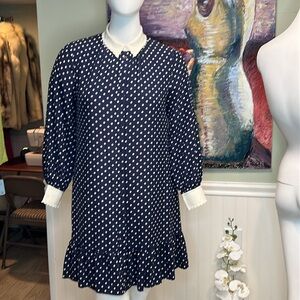 Tory Burch 100% Silk Cora Navy/White Polka Dot Shirt Dress Ruffled Hemline